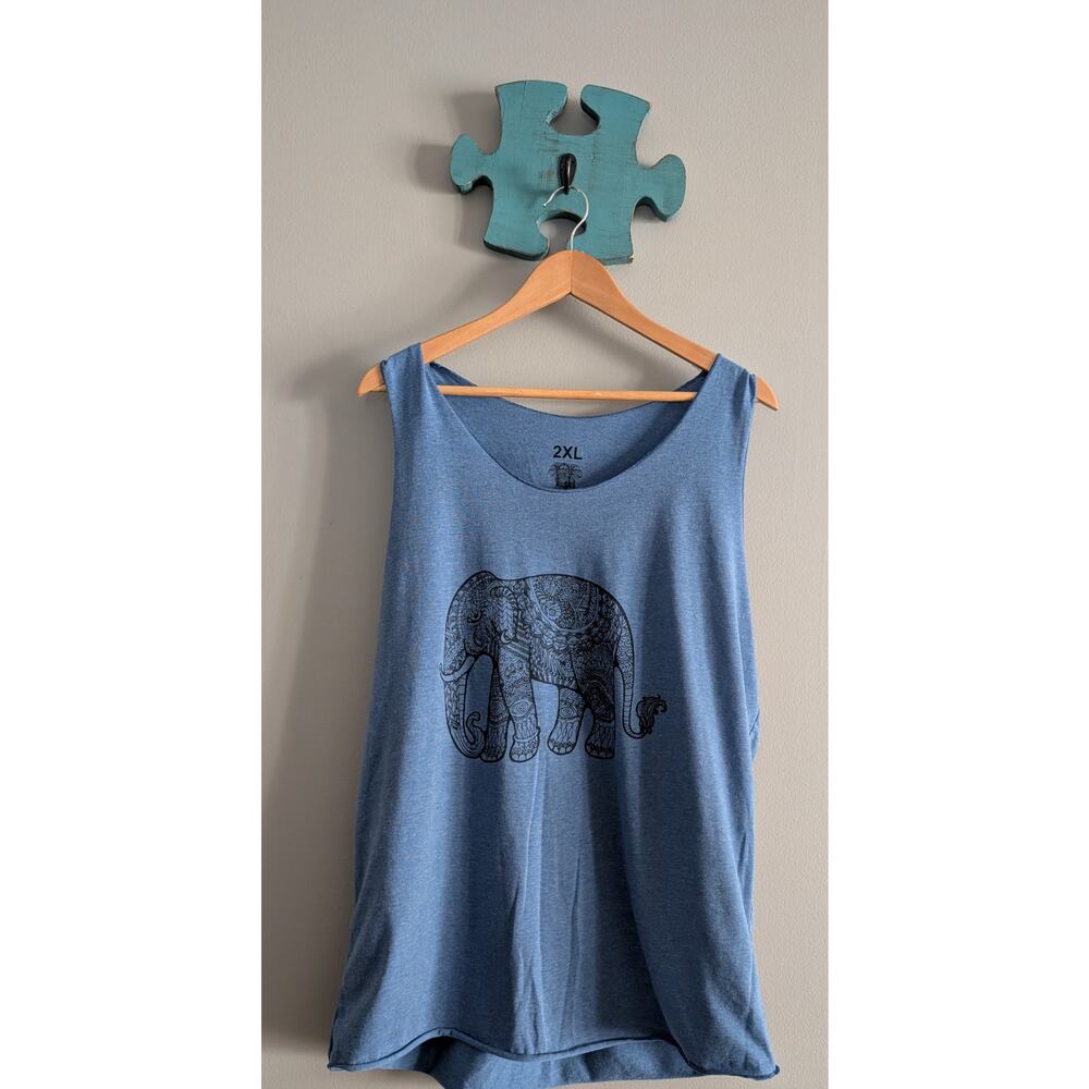 Chang Suk Blue Elephant Graphic Sleeveless Tank Top 2X Cotton Summer Beach